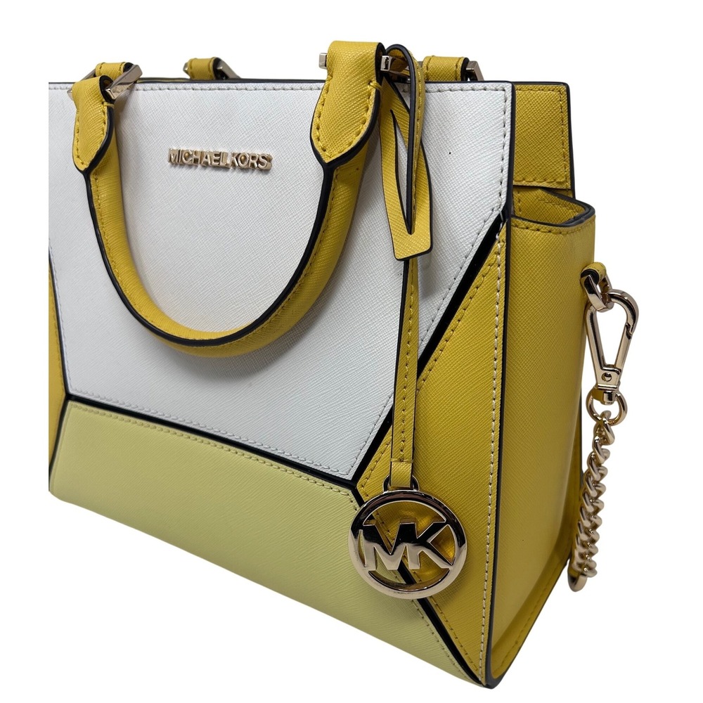 Michael Kors Prism Medium Messenger Bag Yellow White Colorblock Saffiano Leather